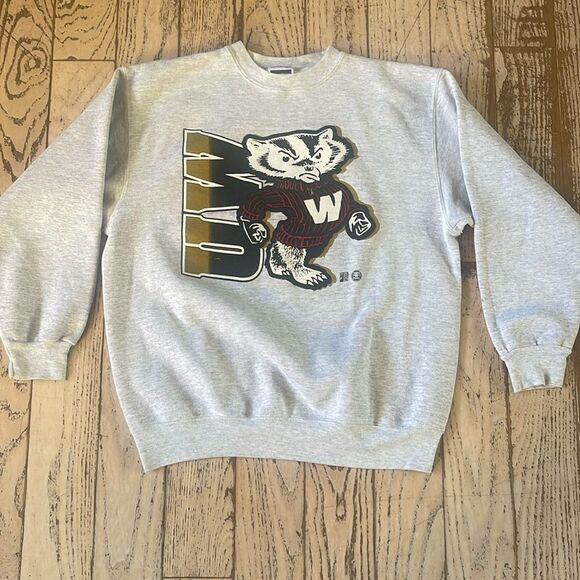 Vintage Wisconsin Badgers Sweatshirt RARE Crewneck Gray Varsity size Large - Picture 2 of 9